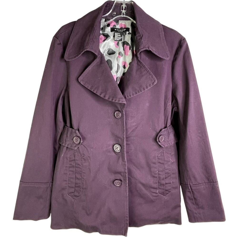 Sandro Sportswear Trench Coat Womens L Plum Satin Leopard‎ Lining Button Front